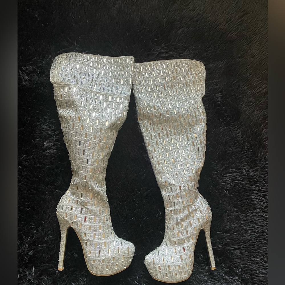 Thigh High Fold Over Silver Sequins Boots